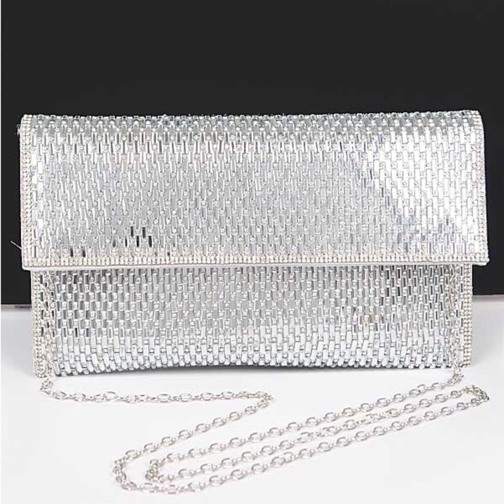 Large Silver Rhinestone Envelope Clutch Bag